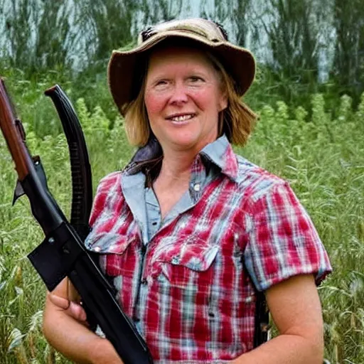 Prompt: a bucktoothed farmer lady wearing rabbit ears and holding a shotgun.