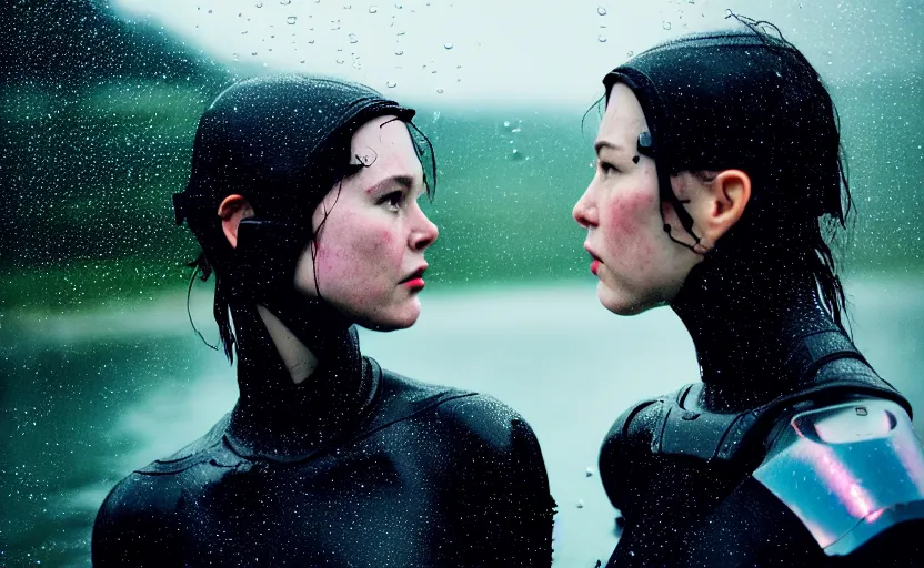 Image similar to cinestill 5 0 d candid action photographic portrait by quentin tarantino of two loving female androids wearing rugged black mesh techwear in treacherous waters, extreme closeup, modern cyberpunk retrofuturism moody emotional cinematic, pouring iridescent rain, 8 k, hd, high resolution, 3 5 mm, f / 3 2, motion blur, ultra realistic faces, ex machina