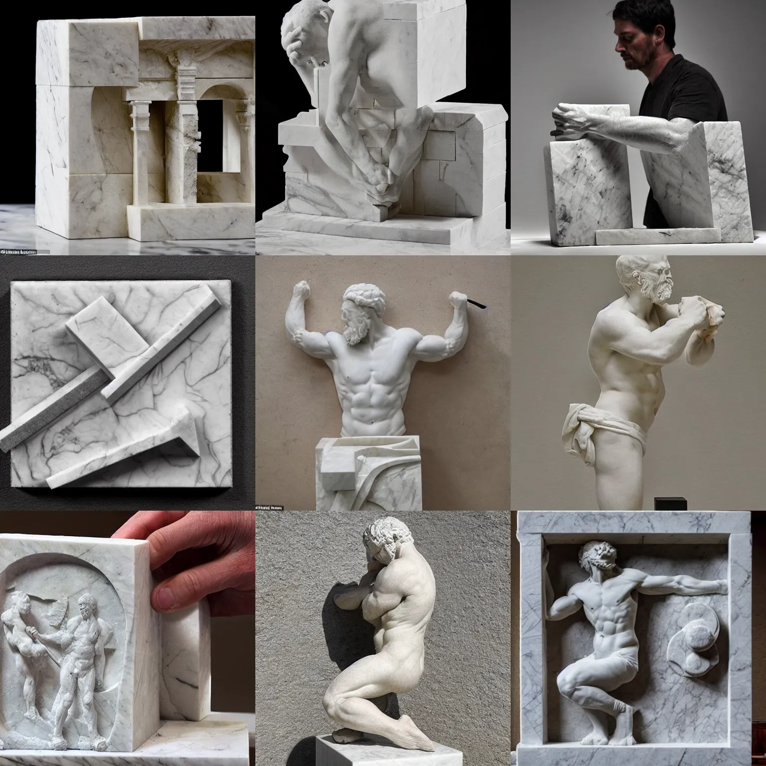 Prompt: an artist sculptures his own upper body out of a white cubic block of marble using a hammer and chisel, intricate, highly detailed, in the style of michaelangelo