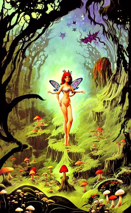 Prompt: fairies with detailed faces, enchanted forest, mushrooms on the ground, stars in the sky, psychedelic, wide angle shot, white background, vector art, illustration by frank frazetta