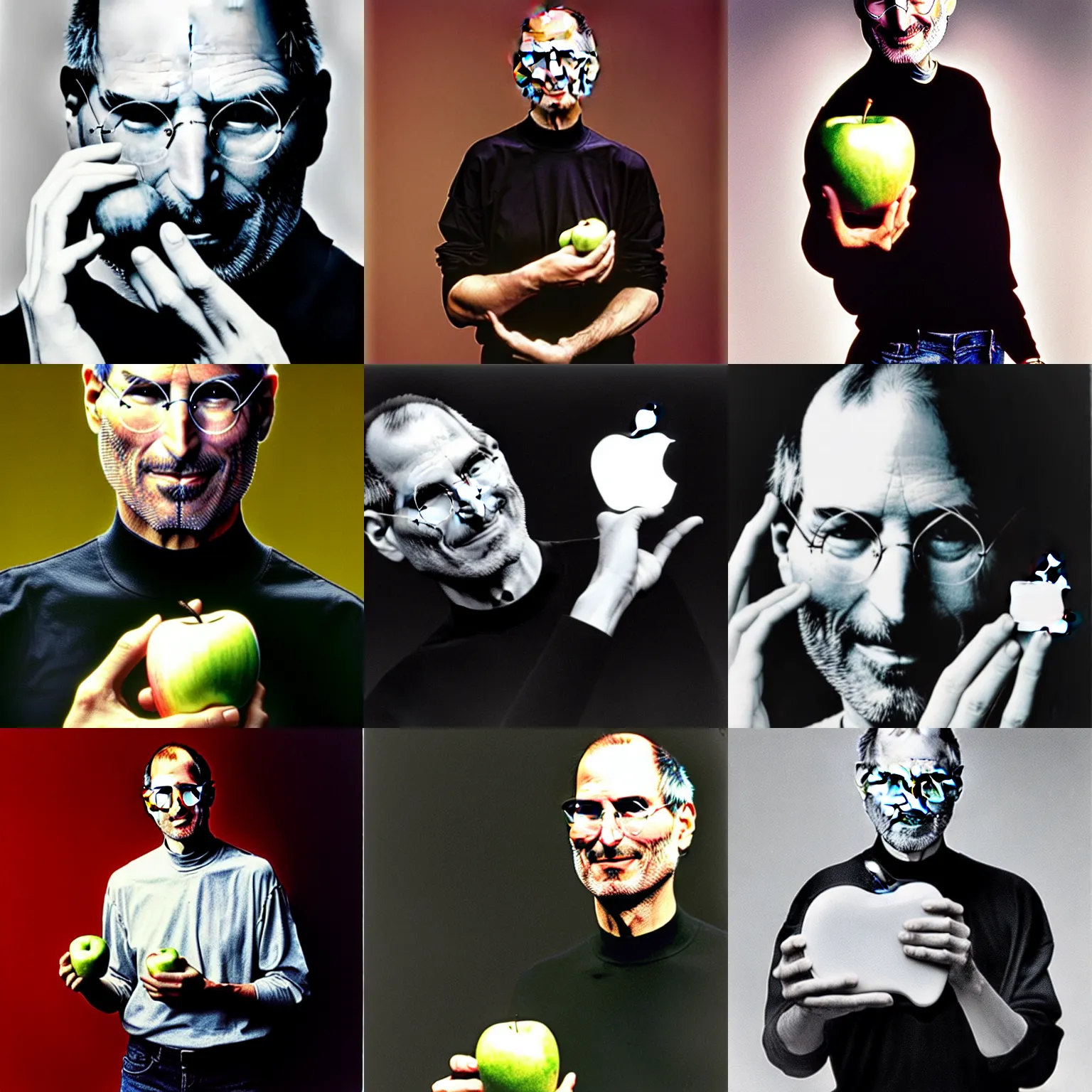 Prompt: happy steve jobs holding an apple, by annie leibovitz