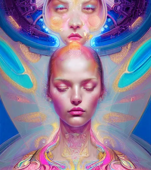Prompt: porttait of a beautiful celestial Italian Mexican pearlescent rgb Goddess wearing a futuristic lush Japanese slim dress exposed in cryo chambers by James Jean, royal blue and pink and gold theme, intricate, elegant, highly detailed, centered, digital painting, artstation, concept art, smooth, sharp focus, illustration, by Peter Mohrbacher, WLOP