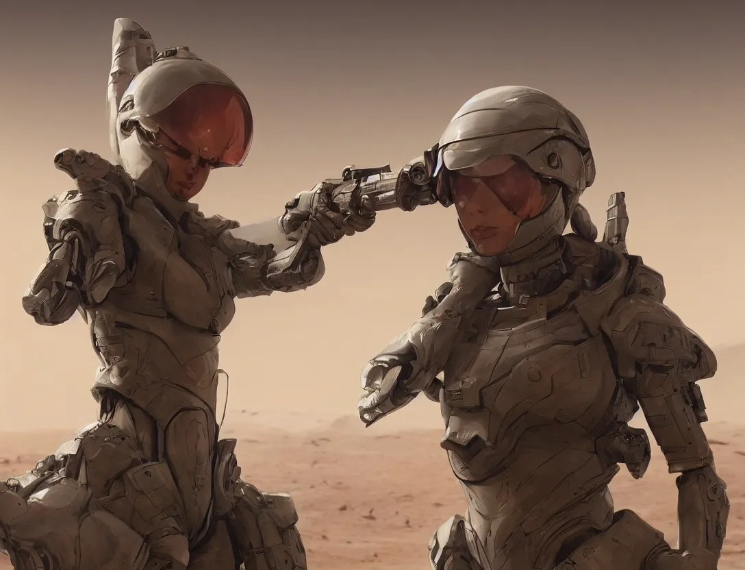 Prompt: tactical military sci-fi female character on the surface of Mars made by Stanley Artgerm Lau, WLOP, Rossdraws, James Jean, Andrei Riabovitchev, Marc Simonetti, Yoshitaka Amano, ArtStation, CGSociety, concept art, cgsociety, octane render, trending on artstation, artstationHD, artstationHQ, unreal engine, 4k, 8k