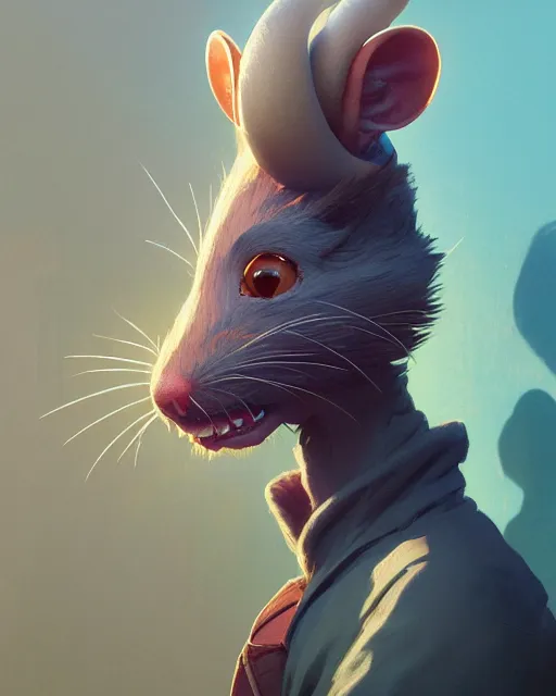 Image similar to highly detailed vfx portrait of an anthropomorphic rat, unreal engine, greg rutkowski, loish, rhads, beeple, makoto shinkai and lois van baarle, ilya kuvshinov, rossdraws, tom bagshaw, alphonse mucha, global illumination, detailed and intricate environment