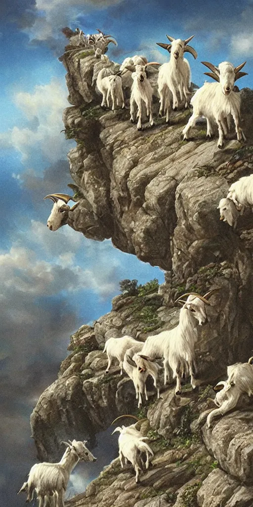 Image similar to a pack of goats climbing a citadel in the sky, beautiful, highly detailed