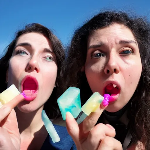 Prompt: ladies looking up at the camera while sucking ice blocks, poibt of view, wide lens