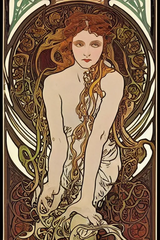 Image similar to art nouveau, alphonse Mucha, octopus, maiden
