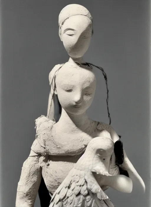 Prompt: realistic photo of a a girl with a pigeons, ancient sculpture doll made of white clay and black brushwood, greyscale grain 1 9 6 0, life magazine photo, natural colors, metropolitan museum, kodak