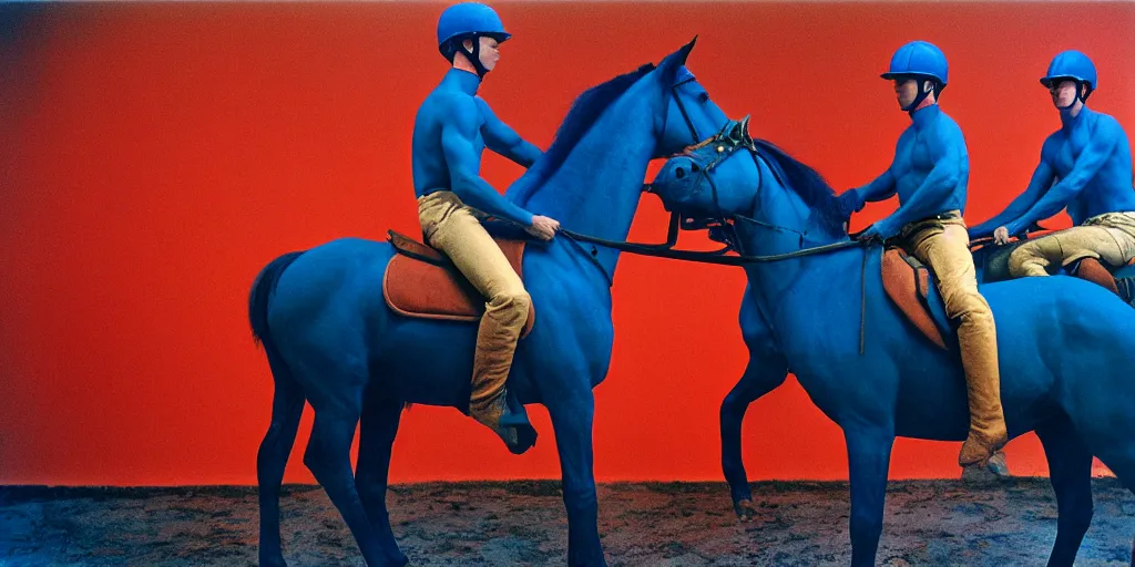 Image similar to color photograph men riding horses blue skin red light wide open vista 1 2 0 mm film highly detailed sharp zeiss lens 1. 8 high contrast chiaroscuro insane quality masterpiece detailed photograph by gottfried helnwein ryan mcginley robert mapplethorpe david armstrong david wojnarowicz