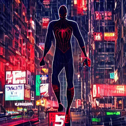 Image similar to Symbiote-Suit wearing Spider-Man looking determined and web-swinging through Cyberpunk New York City at night in the rain lit up by neon signs, hyperrealistic, 4k