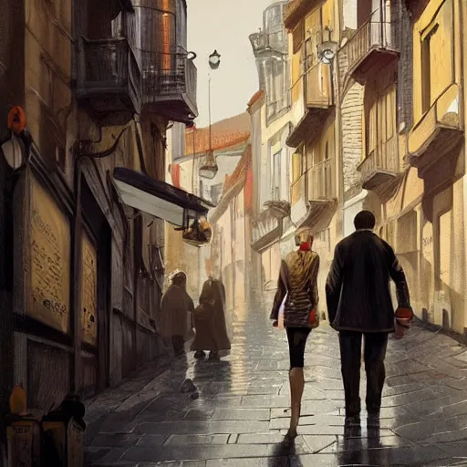 Image similar to a blonde woman & Michael mcintyre searching for food in Porto, greg rutkowski