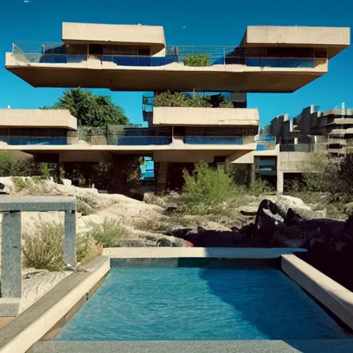 Image similar to brutalism habitat 6 7 building in the desert, biophilia mood, pool, garden, highly detailed, cinematic, photorealistic,