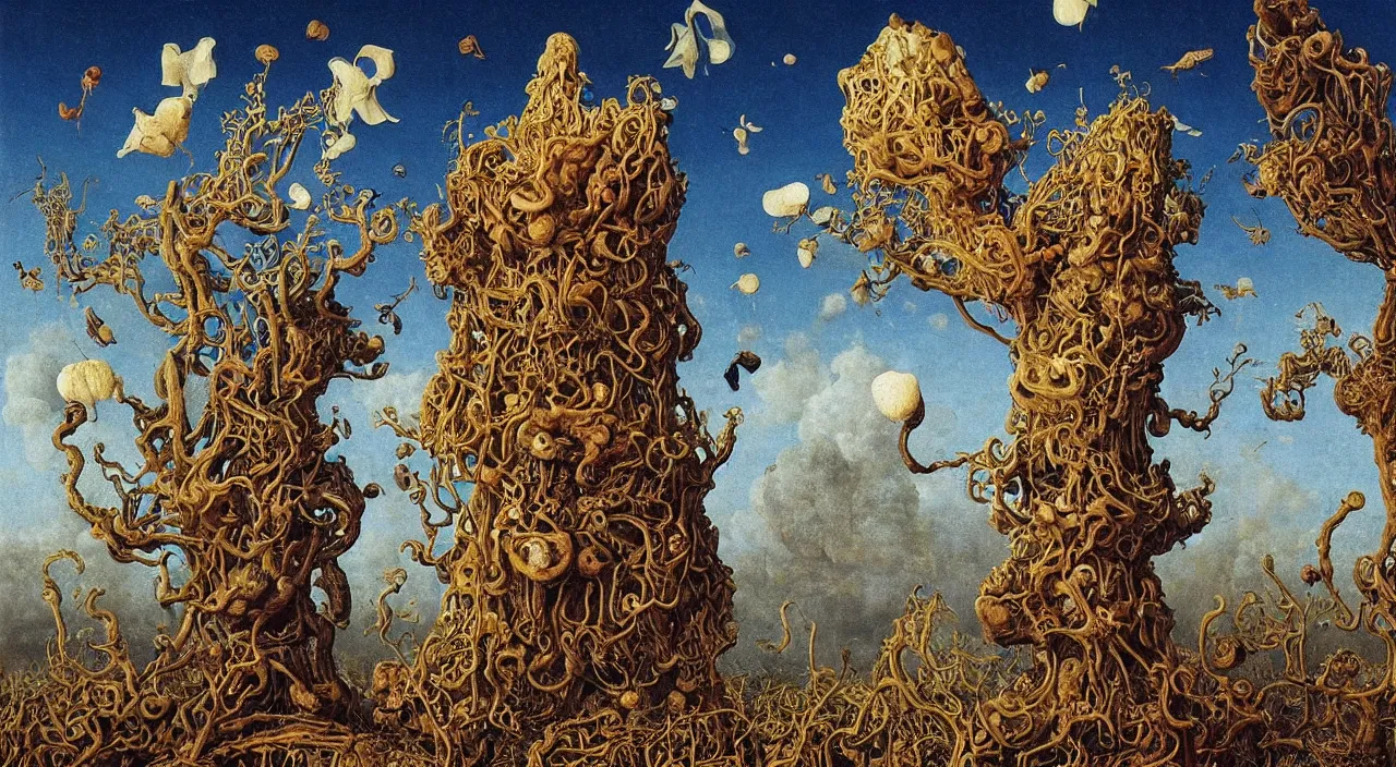 Image similar to a single colorful! ( lovecraftian ) fungus tower white! clear empty sky, a high contrast!! ultradetailed photorealistic painting by jan van eyck, audubon, rene magritte, agnes pelton, max ernst, walton ford, andreas achenbach, ernst haeckel, hard lighting, masterpiece