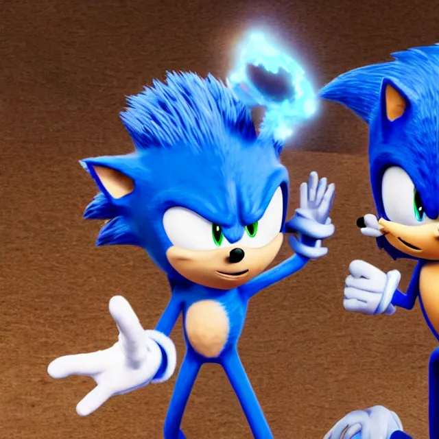 Image similar to avatar jake sully meeting sonic the hedgehog, dark cinematic, volumetric, realistic, 3 d render, cinematic lighting, ray tracing, cinematic, unreal engine 5, unreal engine render, octane render, hyper realistic, photo, 8 k