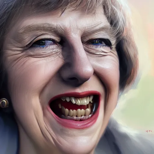 Image similar to highly detailed close up portrait of a laughing Theresa May ((Theresa May)) by Ruan Jia and Mandy Jurgens and Artgerm and William-Adolphe Bouguerea, 4k resolution, misty happy color scheme!!! ((field of wheat background))