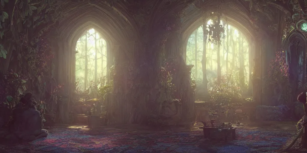 Image similar to a room in a fairy castle, stephen bliss, unreal engine, fantasy art by greg rutkowski, ferdinand knab,, ilya kuvshinov, maxfield parrish tom bagshaw, alphonse mucha, global illumination, radiant light, detailed and intricate environment