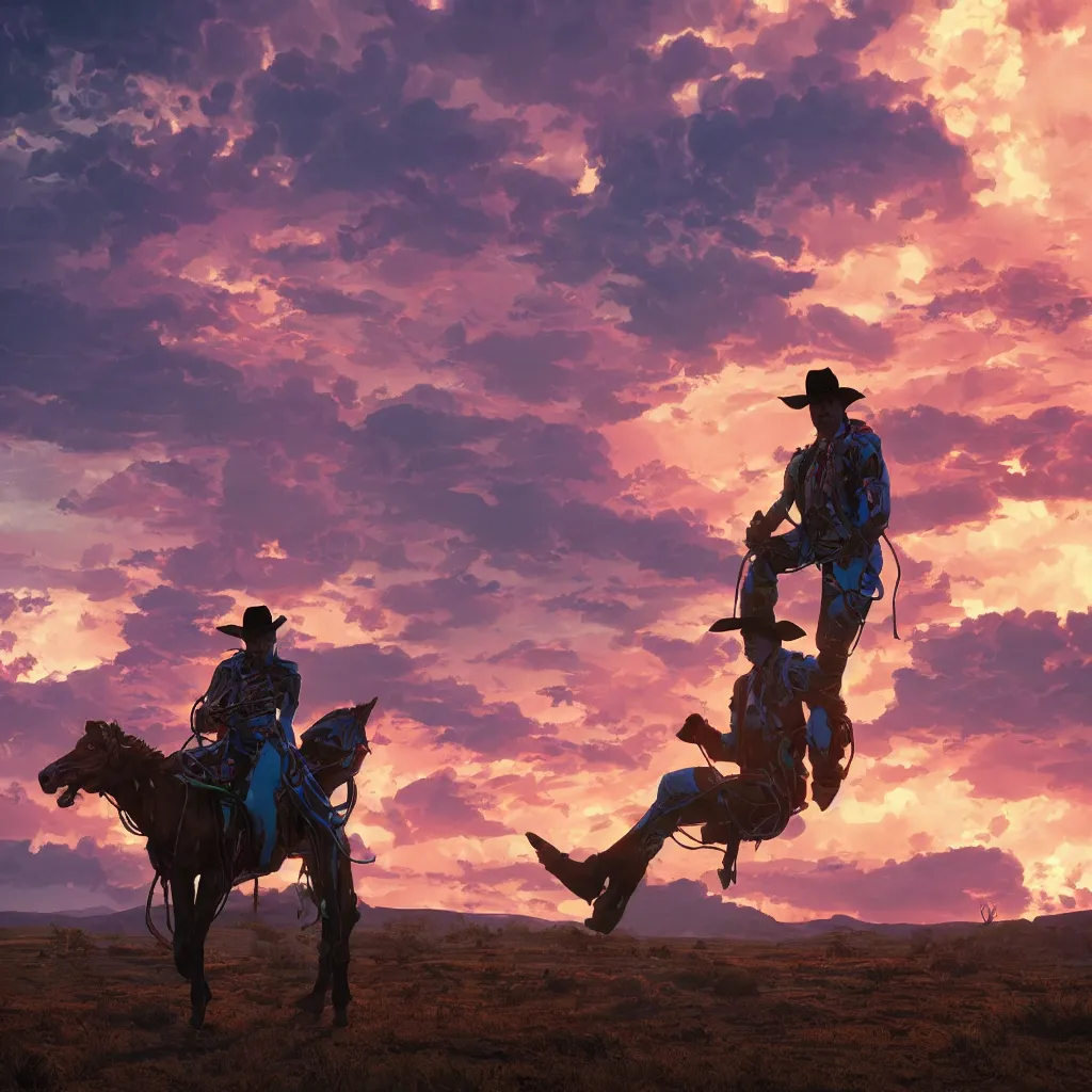 Image similar to octane render by laurie greasley and asher brown durand, a cowboy wearing a full - body iridescent suit and cowboy hat inside a scenic western landscape with colorful clouds, cinema 4 d, 8 k, volumetric lighting and shadows