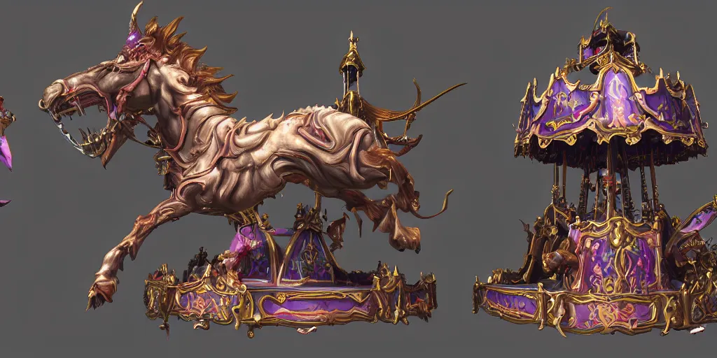 Prompt: a 3d sculpt of a baroque evil circus carousel horse, world of warcraft, league of legends, dark souls
