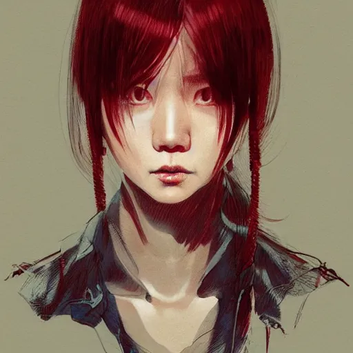 Image similar to full body portrait of a korean schoolgirl with long hair and bangs, her arms are mutating into thin red tedrils, dramatic lighting, illustration by Greg rutkowski, yoji shinkawa, 4k, digital art, sci-fi horror concept art, trending on artstation