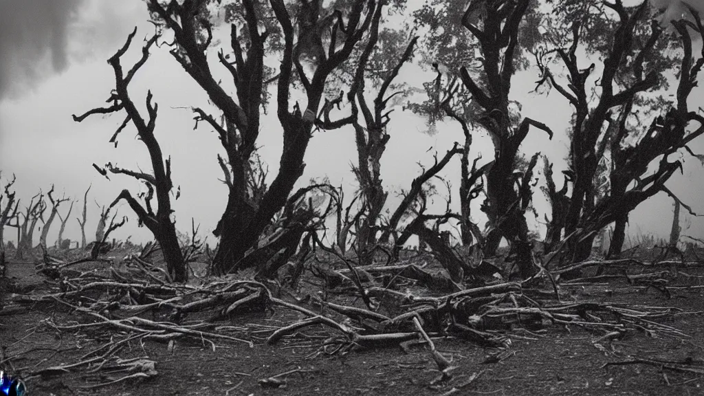 Image similar to a vision of climate change catastrophe, dark clouds, lightning, tornado, hails, hurricane winds, floods, as seen by a couple having picnic in a park with a forest of dead trees, moody, dark and eerie large-format photography