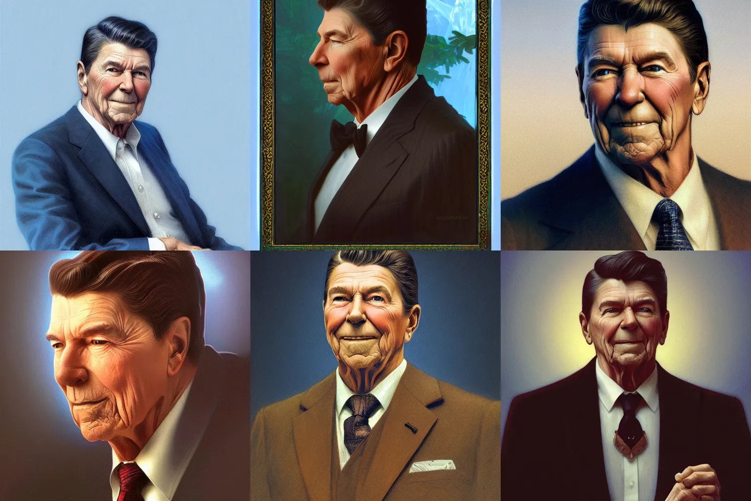 Prompt: portrait of ronald reagan as a teddy bear, intricate, elegant, highly detailed, digital painting, blue light, artstation, concept art, smooth, sharp focus, illustration, art by artgerm and greg rutkowski and alphonse mucha and william - adolphe bouguereau