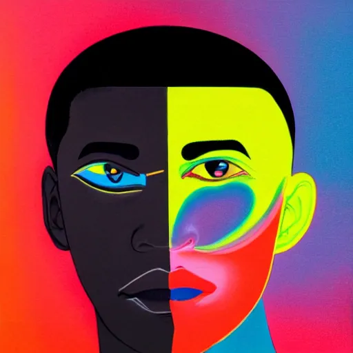 Image similar to a black man with yellow eyes and a dark rainbow background, gouache painting by tomokazu matsuyama, by ed paschke, by agnes pelton, by patrick nagel, behance contest winner, generative art, irridescent, holography, neon, dark art, retrowave, grain, black background