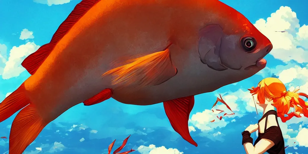 Prompt: giant goldfish swimming through the big puffy clouds, large polygonal background elements, large polygons, dramatic anime, dramatic lighting, artgerm, manga, trending on artstation, art nouveau, mature colors