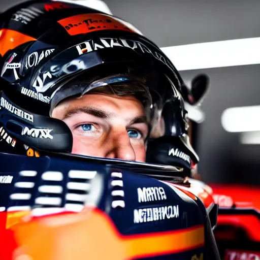 Image similar to close up of max verstappen in the mercedes f 1 factory, dramatic shot, great photography, ambient light, l