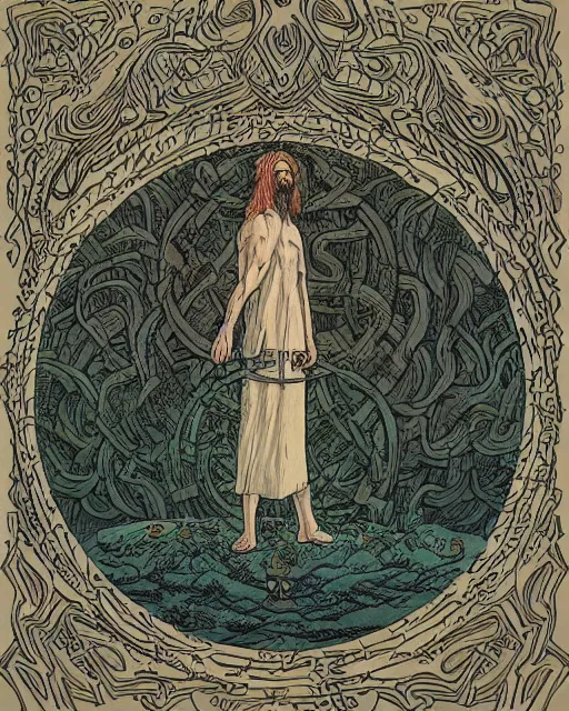 Image similar to a druid standing in a circle at the beginning of the world by james jean