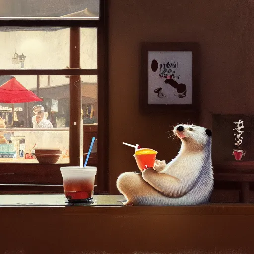 Prompt: Norman Rockwell painting of a fat otter drinking boba tea in a cafe by the beach, artstation, furaffinity, high res, 4k