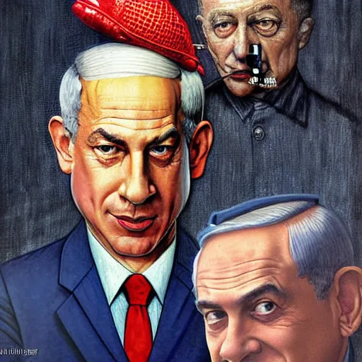 Image similar to absurdist art of benjamin netanyahu, by michael cheval and norman rockwell