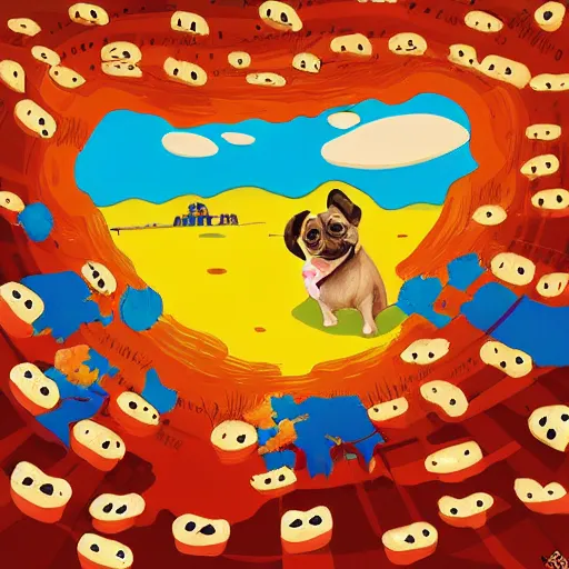 Prompt: a dog exploring a massive world of giant hotdogs, dramatic, digital art