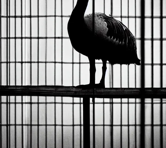 Image similar to Joachim Brohm photo of 'canada goose perched behind jail bars', high contrast, high exposure photo, monochrome, DLSR, grainy, close up, low quality