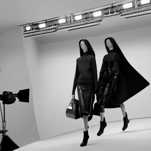 Image similar to still photo of balenciaga fashion show, black and white color aesthetic, highly detailed, photorealistic portrait, bright studio setting, studio lighting, crisp quality and light reflections, unreal engine 5 quality render