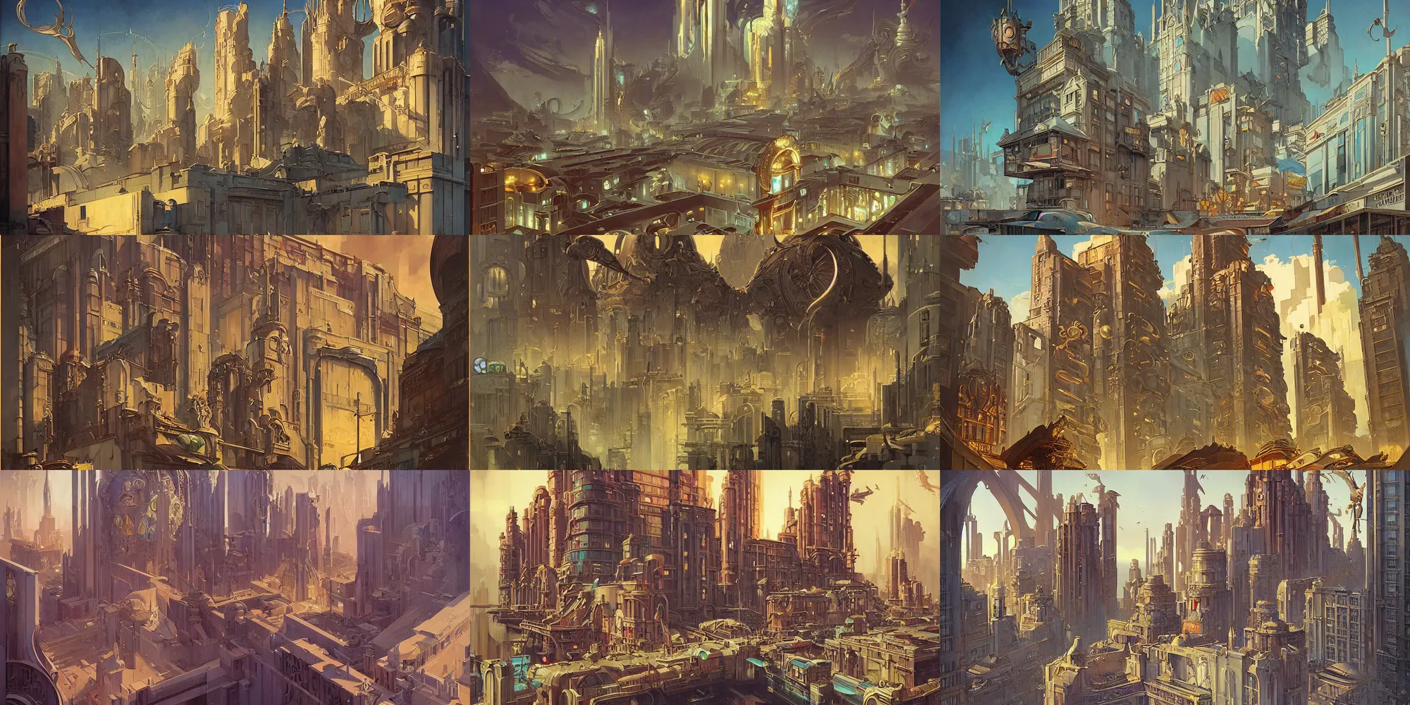 Prompt: port city, art deco architecture, fantasy, art by joseph leyendecker, reza afshar, peter mohrbacher