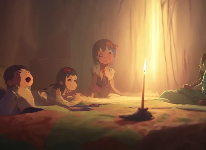 Prompt: a night scary sleepover, being lit by candles, medium shot, studio ghibli, pixar and disney animation, sharp, rendered in unreal engine 5, anime key art by greg rutkowski, bloom, dramatic lighting