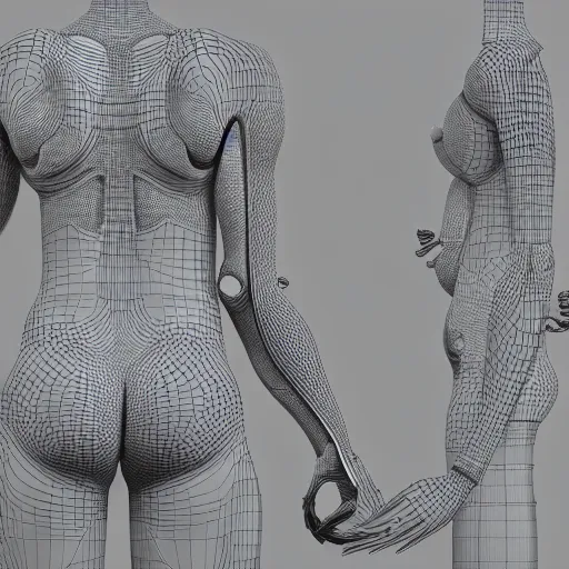 Image similar to concept of a detailed and intricate design of the back of full female anatomy, 3d design, great finesse organic hyper detailed, engineering blueprints, technical drawings, calculus, stained paper, hyperrealistic, ultra detailed, 4K, octane render, unreal engine