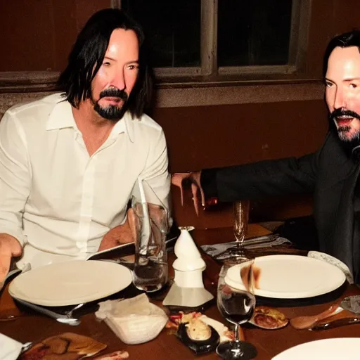 Image similar to Keanu Reeves having a dinner at the moon