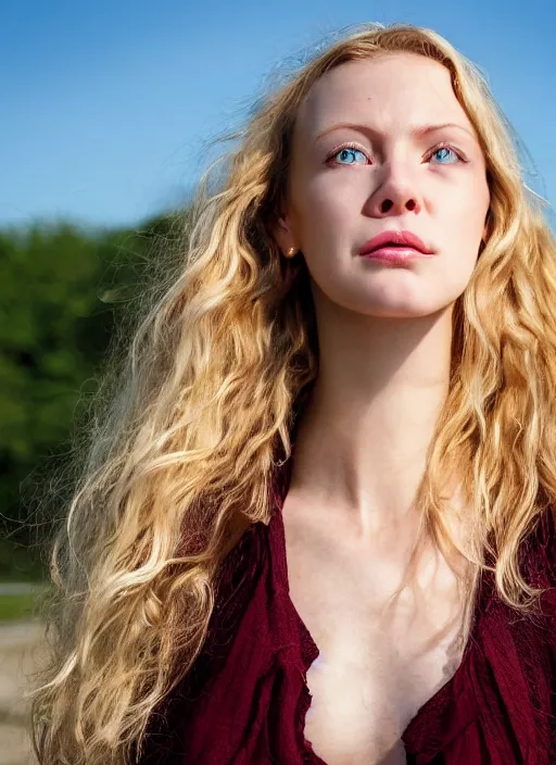 Image similar to close up portrait photograph of a thin young blond woman with russian descent, sunbathed skin, with deep blue eyes. Wavy long maroon colored hair. she looks directly at the camera. Slightly open mouth, face takes up half of the photo. a park visible in the background. 55mm nikon. Intricate. Very detailed 8k texture. Sharp. Cinematic post-processing. Award winning portrait photography. Sharp eyes.