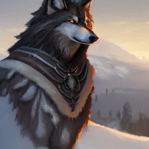 Image similar to an anthropomorphic wolf in a doublet looking out over the hills, artstation hq, stylized, anthro furry art, furaffinity fursona, landscape, greg rutkowski, sharp focus, concept art