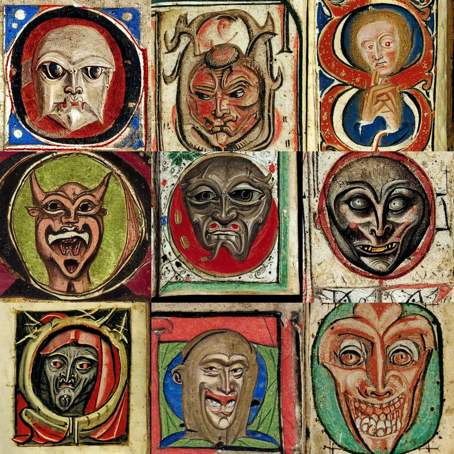 Prompt: a medieval historiated initial portraying a demon face from the hours of catherine of cleves,