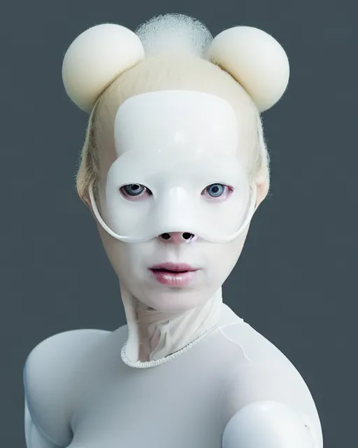 Image similar to portrait of a woman wearing a white embroidered translucent silicone mask and white lilac frizzy hair buns, wearing a black bodysuit by alexander mcqueen, cream white background, soft diffused light, biotechnology, humanoide robot, bjork aesthetic, translucent, by rineke dijkstra, intricate details, highly detailed, masterpiece,