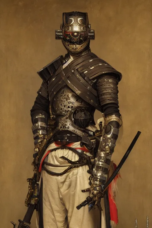 Prompt: a hyperdetailed matte portrait of a cyborg ninja dressed as a 1 6 th century euopean nobleman, highly detailed, deep focus, elegant, digital painting, sharp focus, ultra realistic, 8 k, art by greg rutkowski and rembrandt and alphonse mucha, ultrawide lens