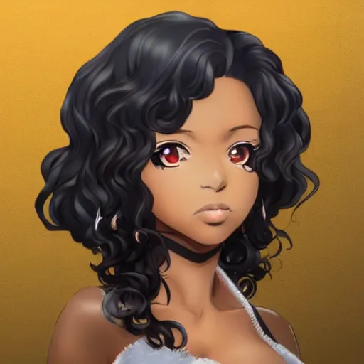 Image similar to A brown skinned woman with black curly hair as an anime character, artstation, highlt detailed