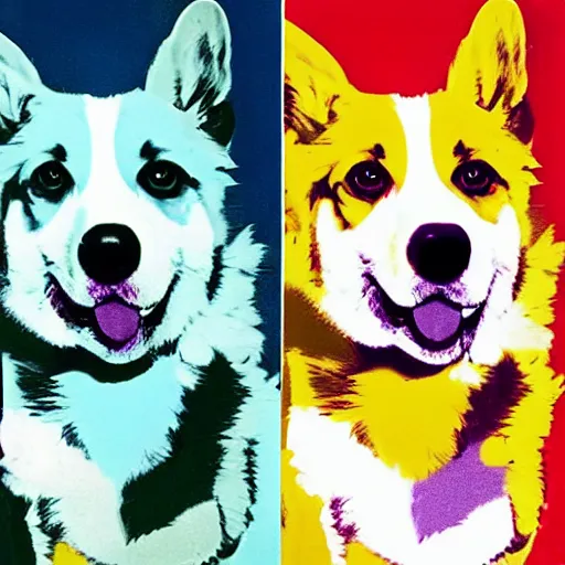 Image similar to corgi digital art in the style andy warhol, similar in design to marilyn diptych, high saturation, colorful, many different colors