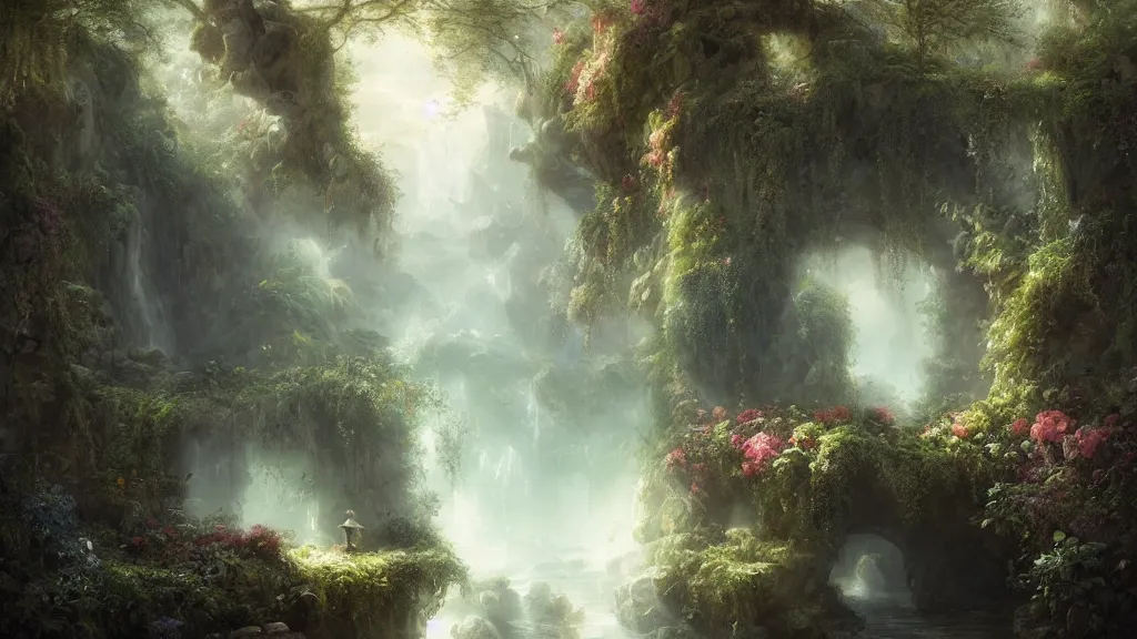 Image similar to hidden in the stone cavern is a secret garden. andreas achenbach, artgerm, mikko lagerstedt, zack snyder, tokujin yoshioka