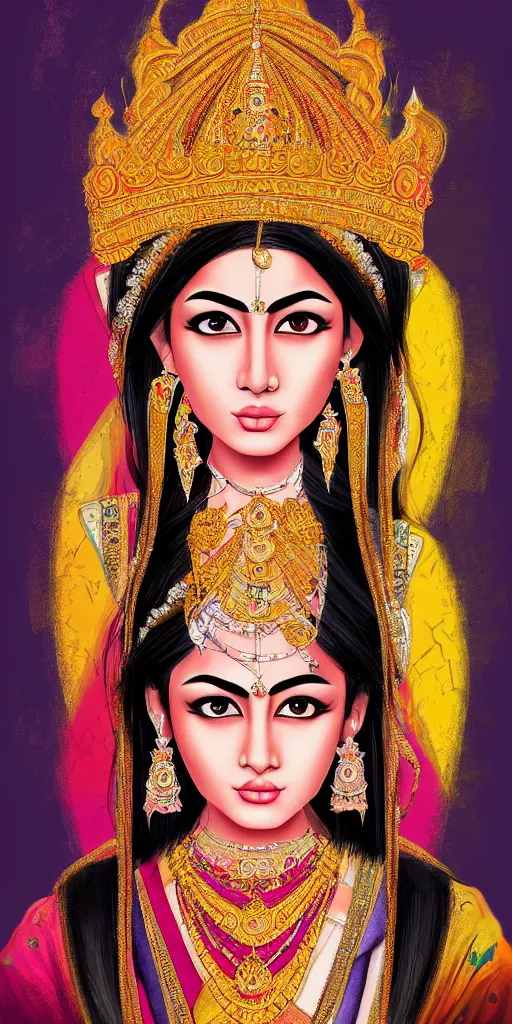 Image similar to painterly portrait of a beautiful asian indian hindu queen mixed with british royal garb trending on artstation