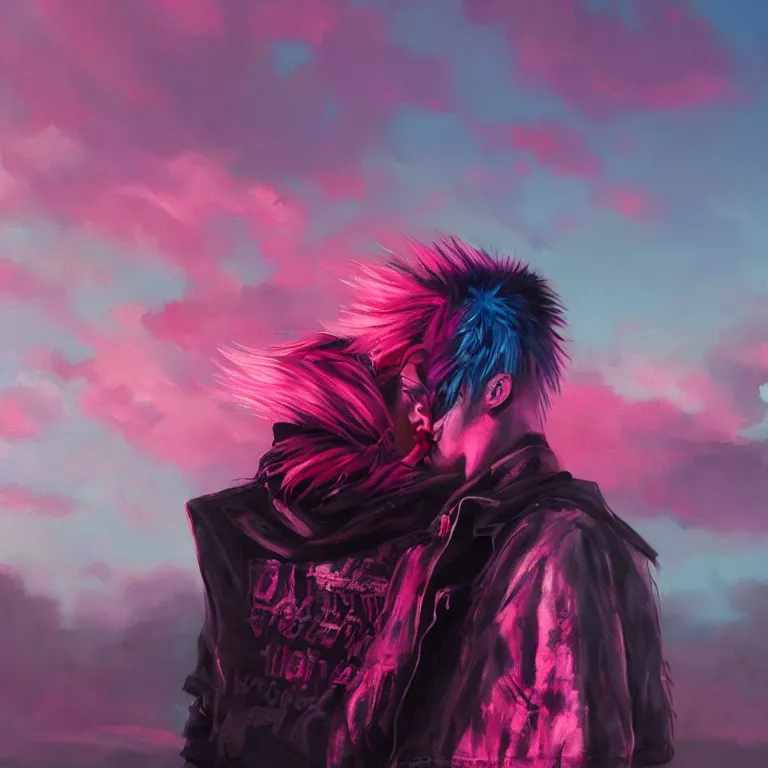 Prompt: oil painting, punk, pretty face punk back, pink, mohawks, neon, ultra detailed, contrast, clouds, sky, volumetric light, atmospheric lighting, dramatic, cinematic, moody, octane render 4 k, 8 k