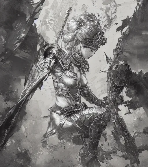 Image similar to anime woman in armor, pen and ink, intricate line drawings, by craig mullins, ruan jia, kentaro miura, greg rutkowski, loundraw