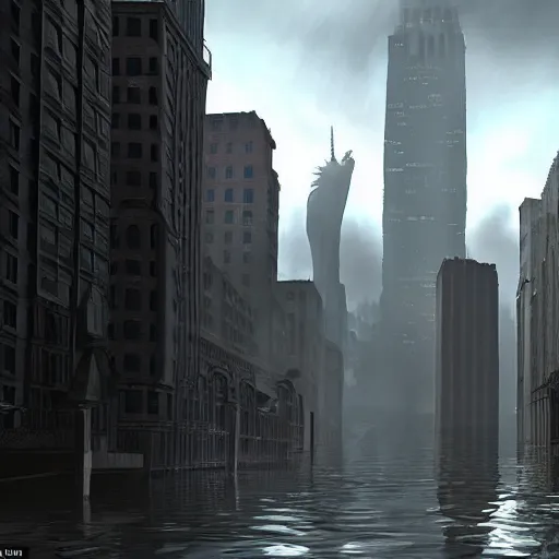 Prompt: ruination flooded new york city in the year 3100, skyscrapers, view from third floor, posat-apocalyptic community, vegetation growing back onto buildings, hyper-realistic, cinematic lighting, foggy, photorealistic, highly detailed, skycrapers, alone